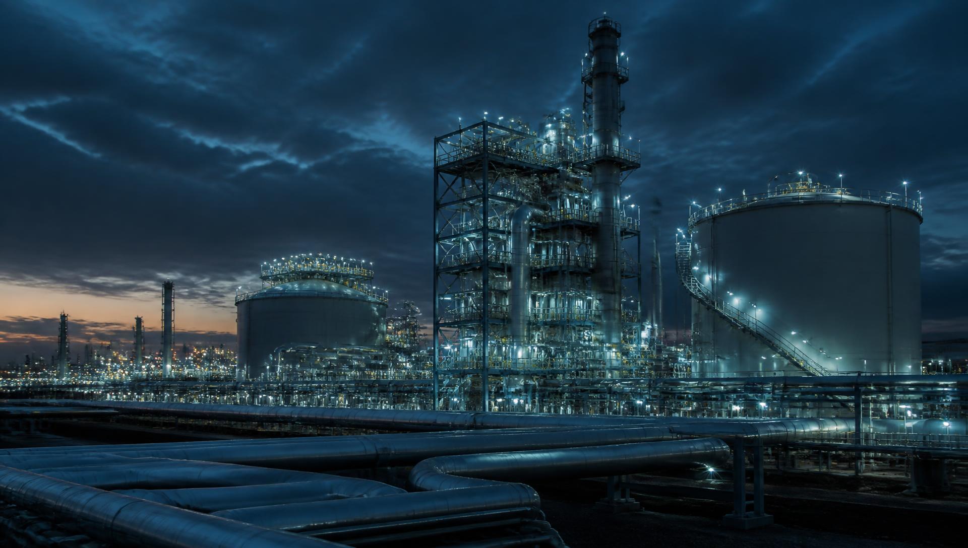 LNG liquefaction and cryogenic storage infrastructure at dusk
