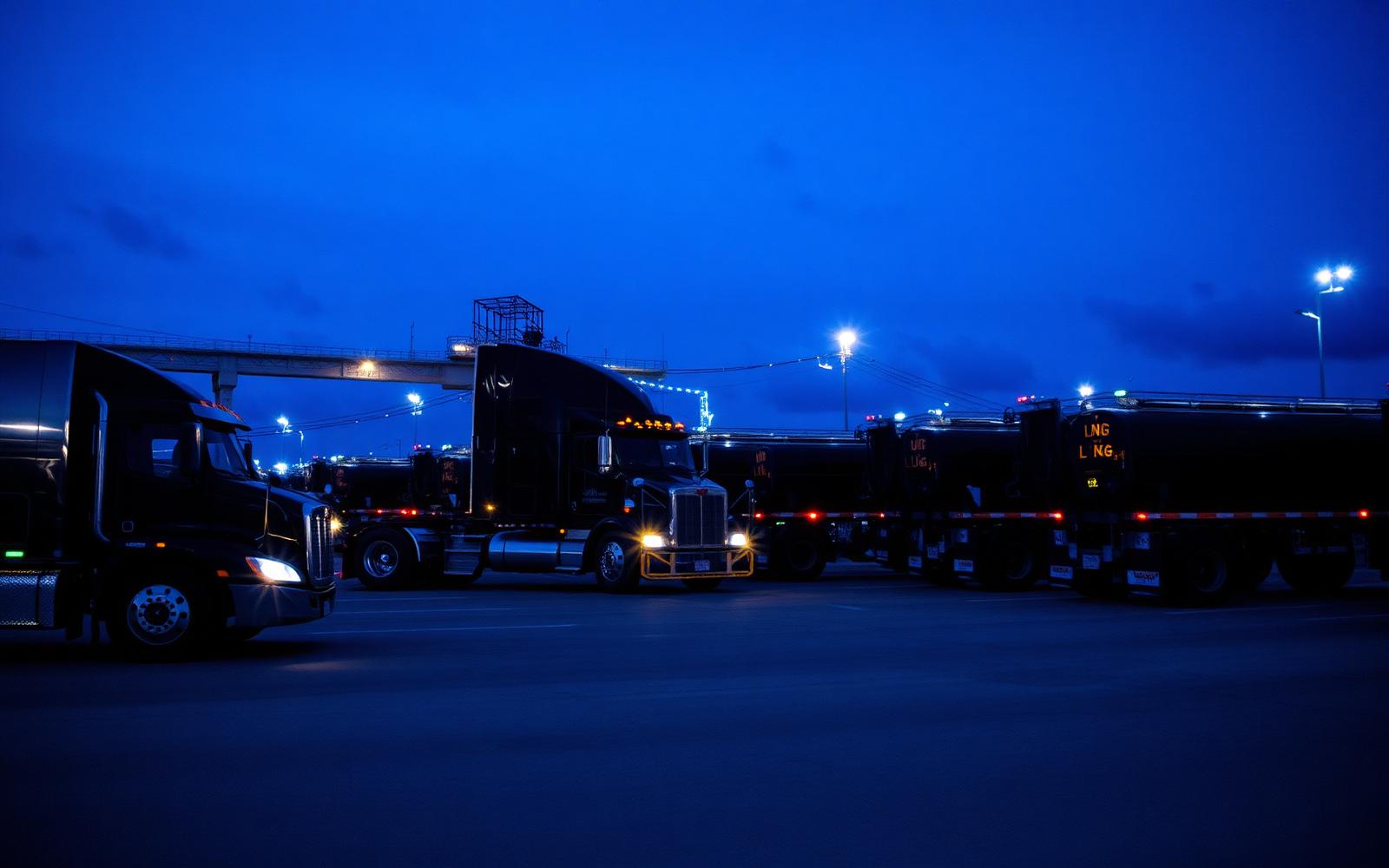 LNG cryogenic tanker trucks staged at an industrial terminal